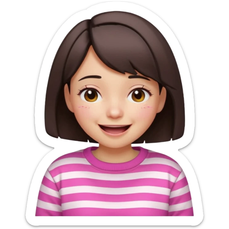 Emoji of a cute 3D girl with short dark brown bob hairstyle, wearing a pink and white striped sweatshirt. She is laughing uncontrollably, tears of joy, white background sticker