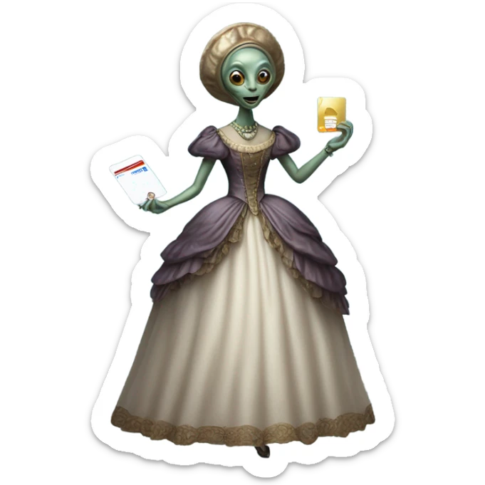 alien galora in Victorian dress elegant, full body, holding big credit card sticker