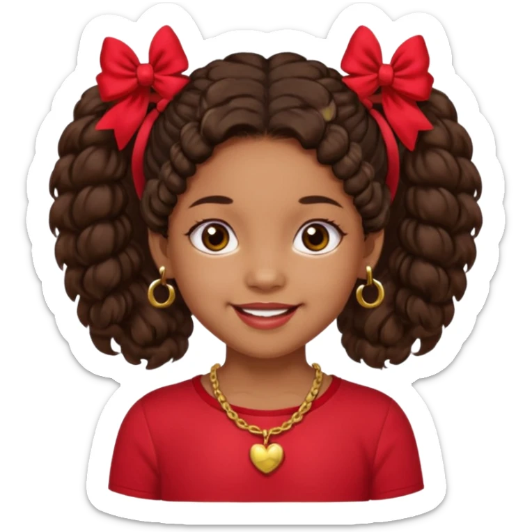 Brownskin girl dark brown hair fluffy. pigtails with red bows brown eyes smiling closed mouth red shirt gold esrrings gold necklace sticker