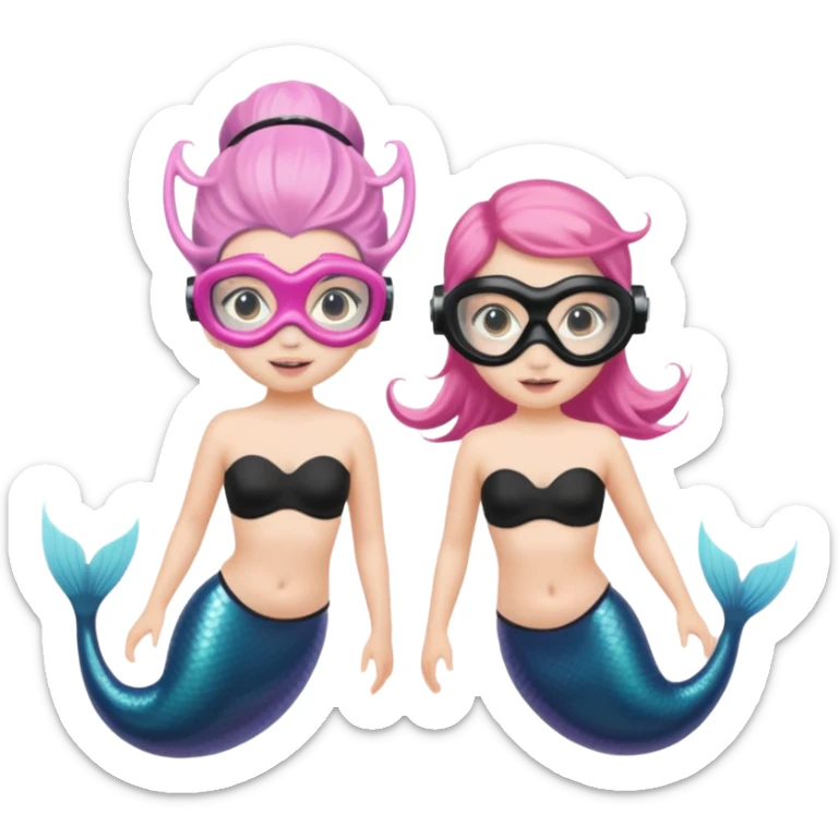 2 Mermaids one wearing a light pink snorkel mask and the other wearing black snorkel mask sticker
