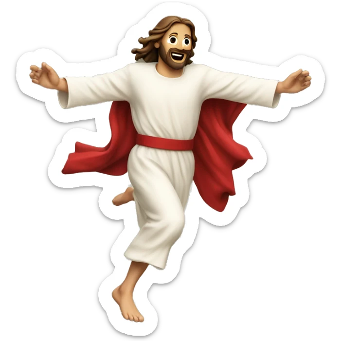 Jesus sprinting, with a large stride and arms outstretched, in a santa costume sticker