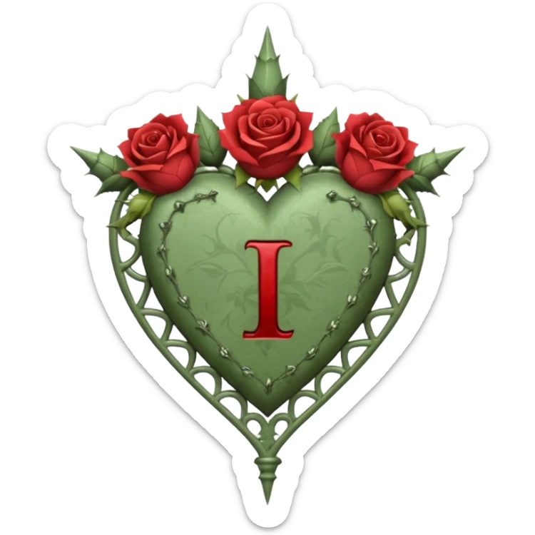 Can you make a sage green heart with a gothic design, I want roses and spikes around the heart. In the middle of the heart the letter I sticker