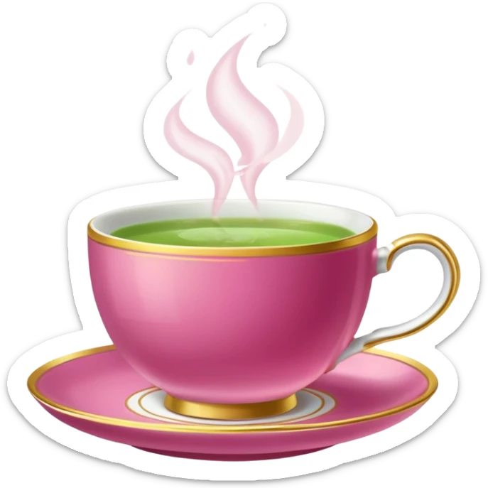 dark pink teacup filled with green tea, placed on a matching pink saucer, with gentle steam rising from the cup, golden details sticker