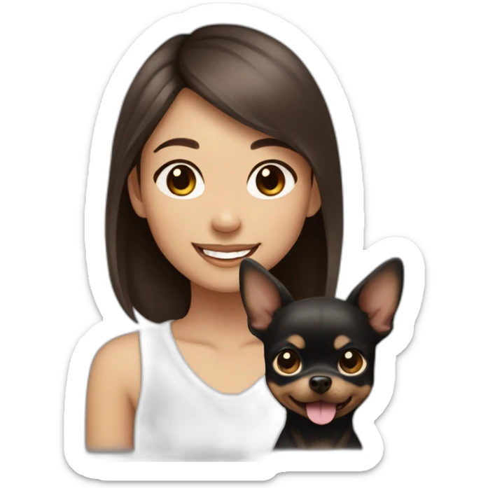 Asian Girl with brown hair and smiling and small black chiwawa  sticker