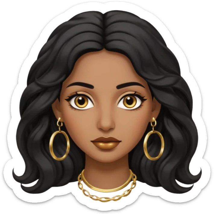 Attractive middle eastern woman with a wide face, baddie look, dark skin, Long wavy black hair and gold hoop earrings sticker