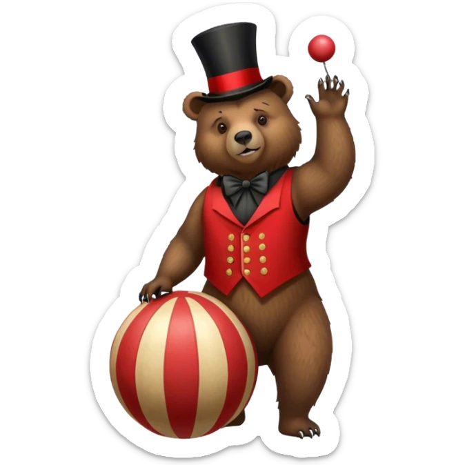 Vintage circus grizzly bear standing on striped ball wearing vest and top hat sticker