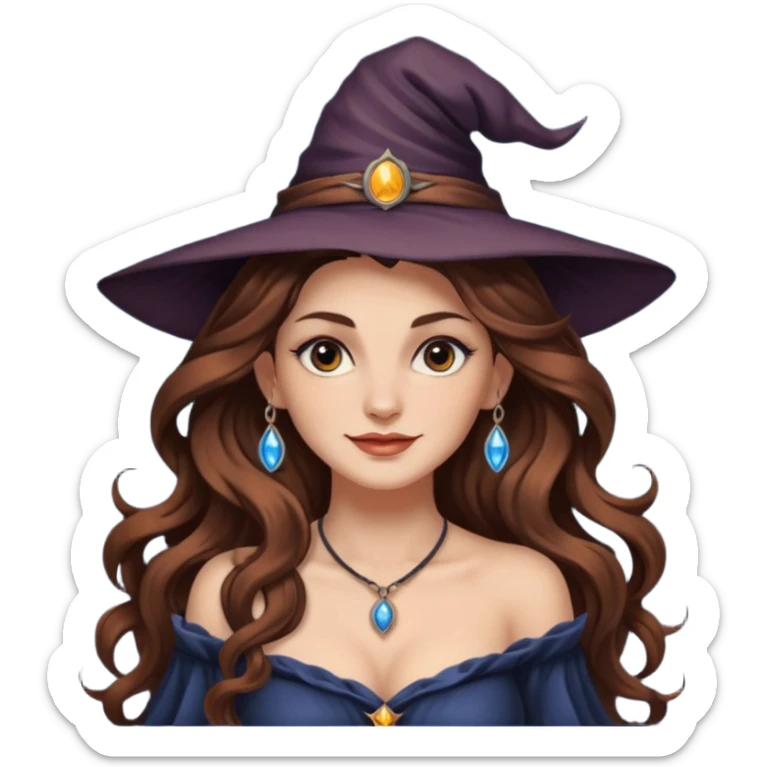 moon witch woman long wavy brown hair tattoos shoulder glance smirk sticker