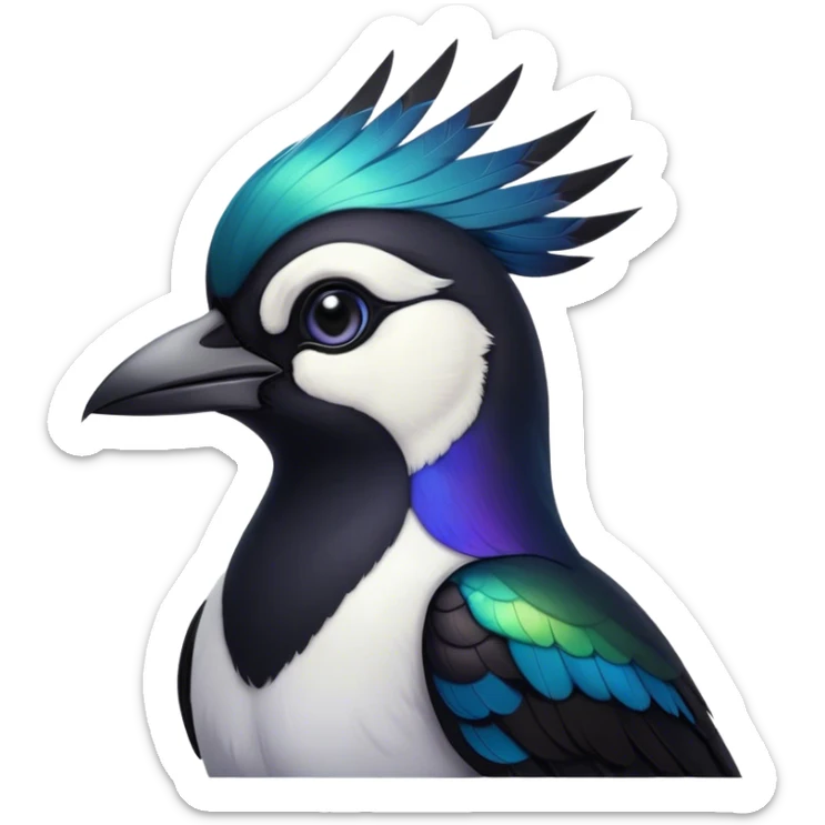 Cinematic Noble Magpie Portrait Emoji, Poised and sleek, with striking, iridescent black and white plumage, a sharp, inquisitive beak, and intense, observant eyes, Simplified yet sharp and sophisticated features, highly detailed, glowing with a soft, urban gleam, high shine, intelligent and graceful, stylized with an air of mischievous charm, focused and alert, soft glowing outline, capturing the essence of a watchful and confident magpie that appears ready to dart out of the screen with effortless authority! sticker