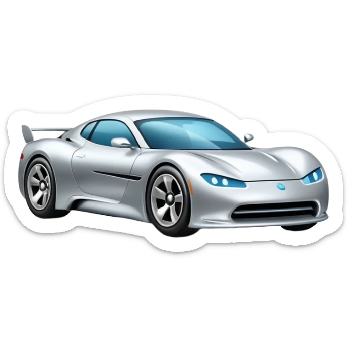 A low-profile futuristic car emoji made of polished silver chrome, wide body stance, smooth aerodynamic shape, glossy metallic surface, soft reflections, luxury swag aesthetic, minimal details, iOS emoji style, centered on clean white background, studio lighting sticker