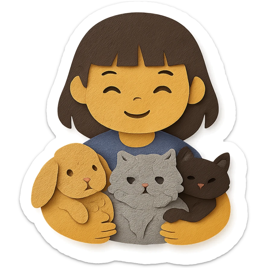 brunette chinita girl holding a brown holland lop rabbit, gray persian cat, and black kitten in paper-craft style sticker