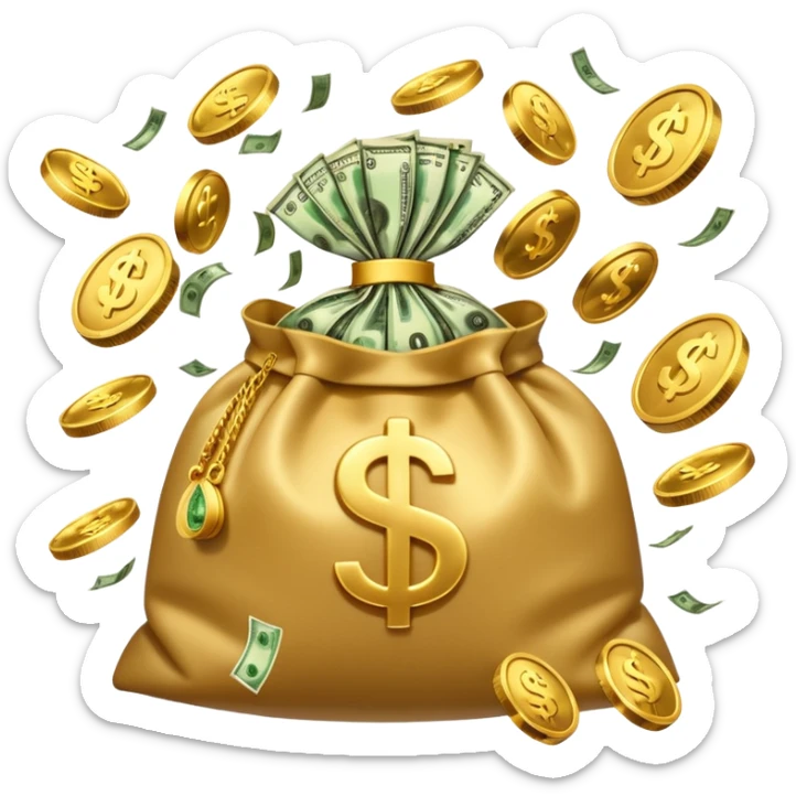 

3D emoji style, big bag of money, flying dollar bills, rich casino vibe, smooth lighting, high detail, clean edges, transparent background



 sticker