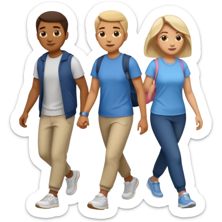 iOS emoji style - a men and 2 women in casual clothes and wearing trainers - friends walking quickly together

 sticker