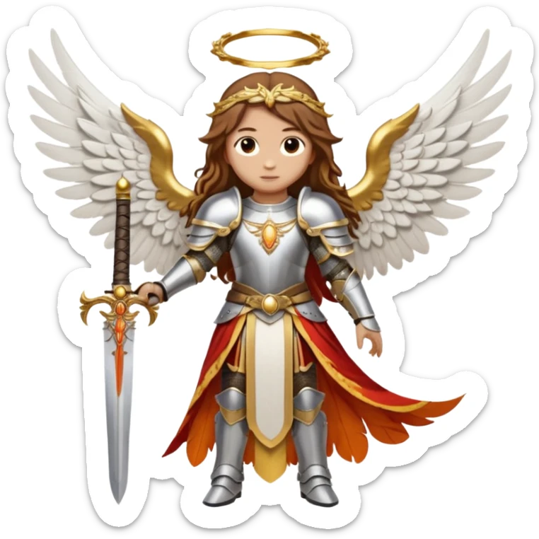  The angel has long brown hair surrounded by a golden halo and large white-and-orange feathered wings, wearing ornate silver armor with gold accents and a red sash. In its right hand it grips a white sword upright, while its left hand rests near the hilt of another weapon at its sid  sticker