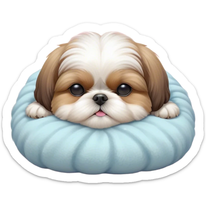 Meme-Worthy Cute Sleeping Shih Tzu Portrait Emoji, Head resting peacefully with a tender, contented smile and eyes delicately closed in serene slumber, showcasing a luxuriously fluffy fur in soft pastel tones, simplified yet irresistibly adorable, highly detailed, glowing with a warm, drowsy radiance, high shine, exuding calm, cozy charm, styled with a gentle, soft glowing outline, capturing the essence of a sleeping Shih Tzu that radiates utterly adorable, sleepy bliss! sticker