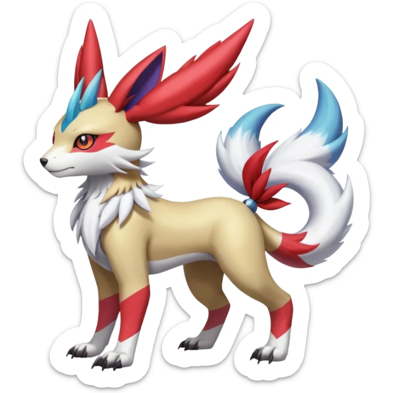 Colorful Skilled Adept Graceful Asian Painted WereGarurumon-Meloetta-Renamon-Zangoose-fusion-hybrid-creature (full body) sticker