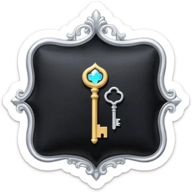 A Discord emoji of a black velvet cushion holding a glowing silver key. Ornate, royal gothic style, simple and clean for small scale, white background. sticker