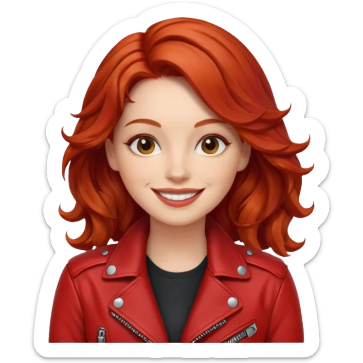 stylish woman with wavy red hair in a red moto jacket sticker