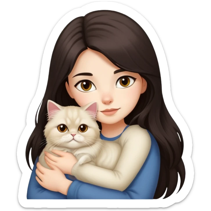 A pretty girl with long dark hair is hugging her one light hair persian cat. sticker