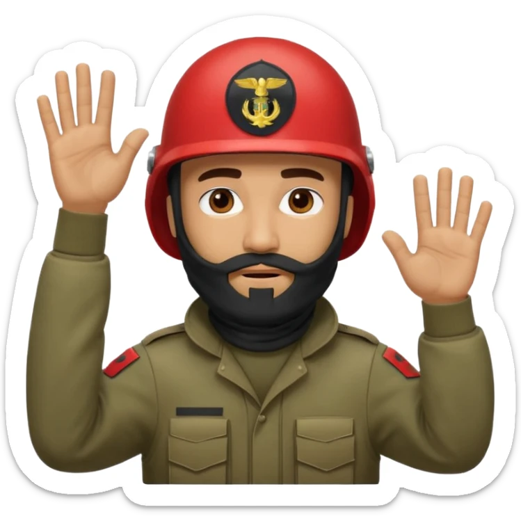 surrenders, depicts an Iraqi soldier from 1980, with a beard, in a helmet, with a balaclava, with a sad face and raised hands sticker