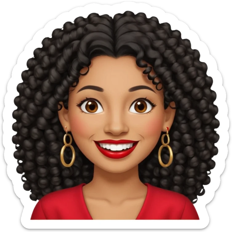 40 yr old peruvian woman, very curly long black hair, red lipstick, big smile, white teeth, brown eyes, hoop earings, side part to hair, round face sticker