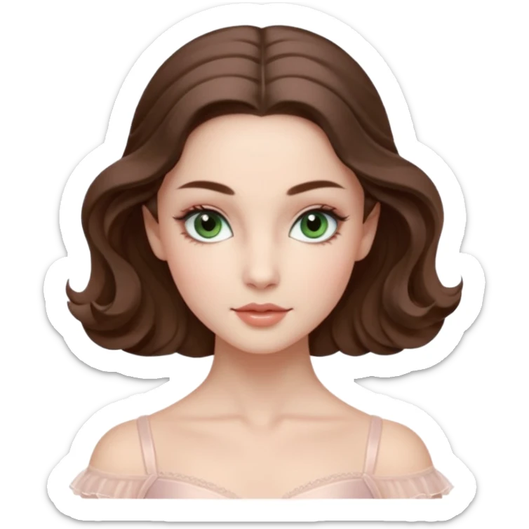 Cinema Realistic Ballerina Portrait, with porcelain-like skin featuring a natural rosy flush, illuminated by soft lighting that highlights the gentle contours of her face. Her Brunette hair flows in soft.Her deep green light eyes radiate framed by arched brows and long lashes. sticker