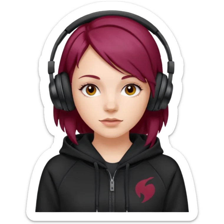 white girl with burgundy hair, black deportive hoodie and black headphones sticker