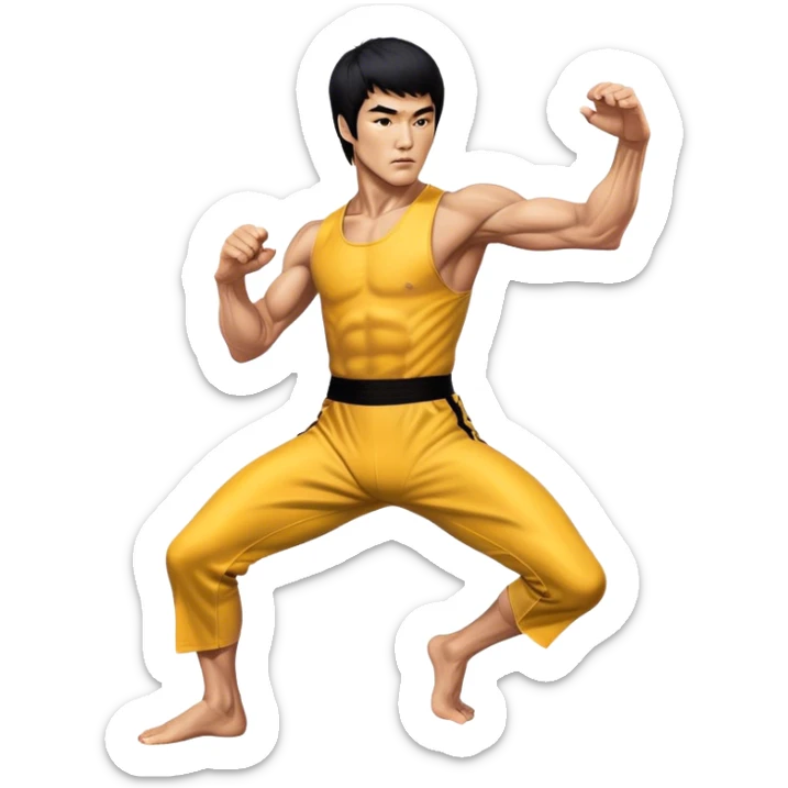 Cinematic Realistic portrait of Bruce Lee, shown as a legendary martial artist in a dynamic, powerful pose with modern athletic attire and finely detailed muscle definition, rendered in dramatic action lighting sticker