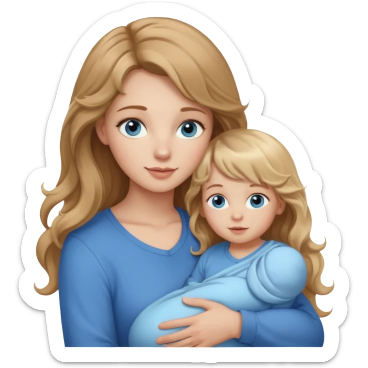 young woman with long straight light brown hair, side bangs, and blue eyes. She is holding a 1 year old baby girl with blond curly hair and blue eyes  sticker