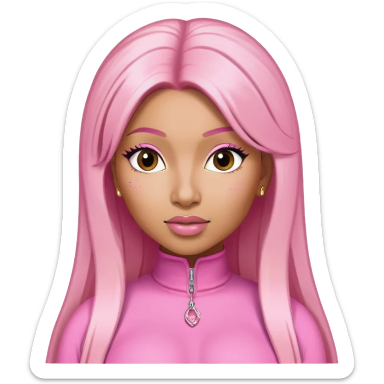 Nicki Minaj wearing a pink outfit with blonde and pink hair sticker