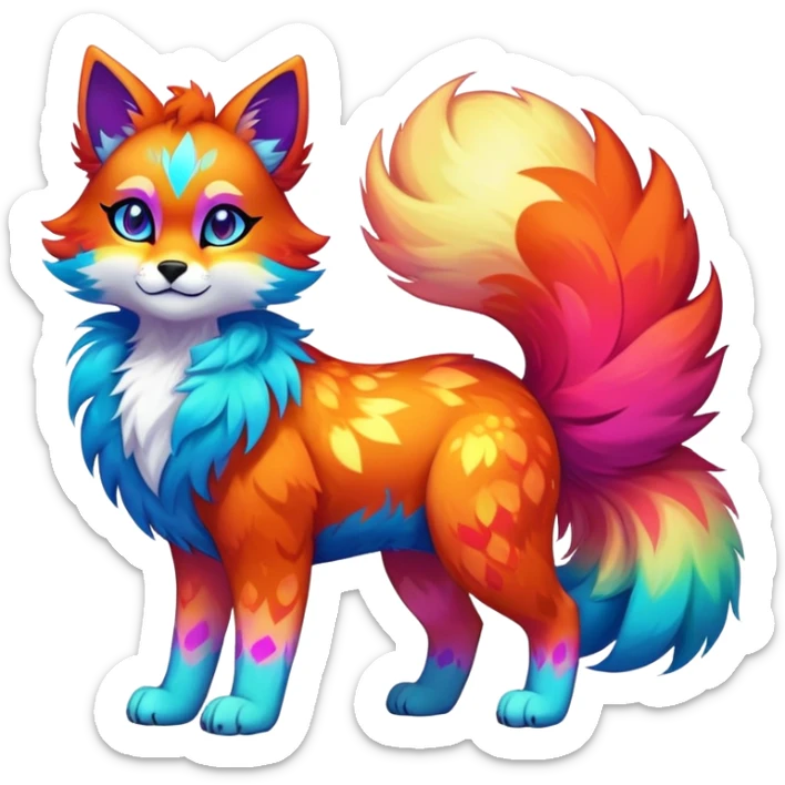 Vibrant multicolored neon-colored Falvie-Fionbri-creature-sparkle-feline-canine-hybrid-fursona, full body, fur pattern-markings sticker
