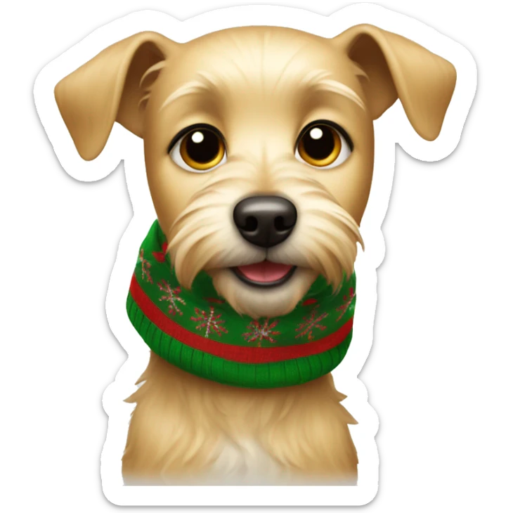 All blonde small terrier dog with floppy ears wearing Christmas scarf sticker