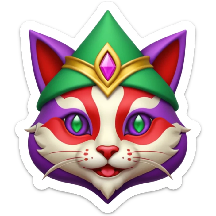 crazy colorful cute little cat jolly joker from poker, medieval, vintage, court jester, mac os icon, purple, gold and red color, half body, emerald green ice eyes. Squared shape as 3D mac os icon, symmetrical sticker