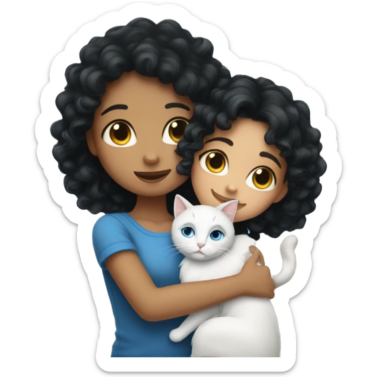 A black-haired girl with curly hair hugging a blue-eyed white cat sticker
