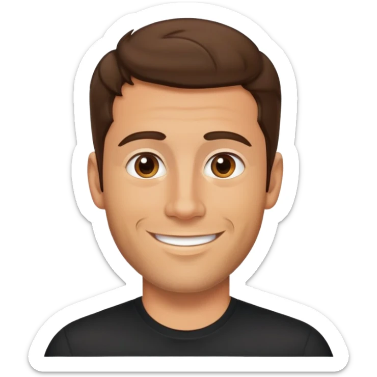 người đàn ông 35 tuổi, da vàng, tóc ngắn nhuộm màu nâu, râu quai nón hơi xoăn nhẹ, mặt cười tươi, áo màu đen sticker