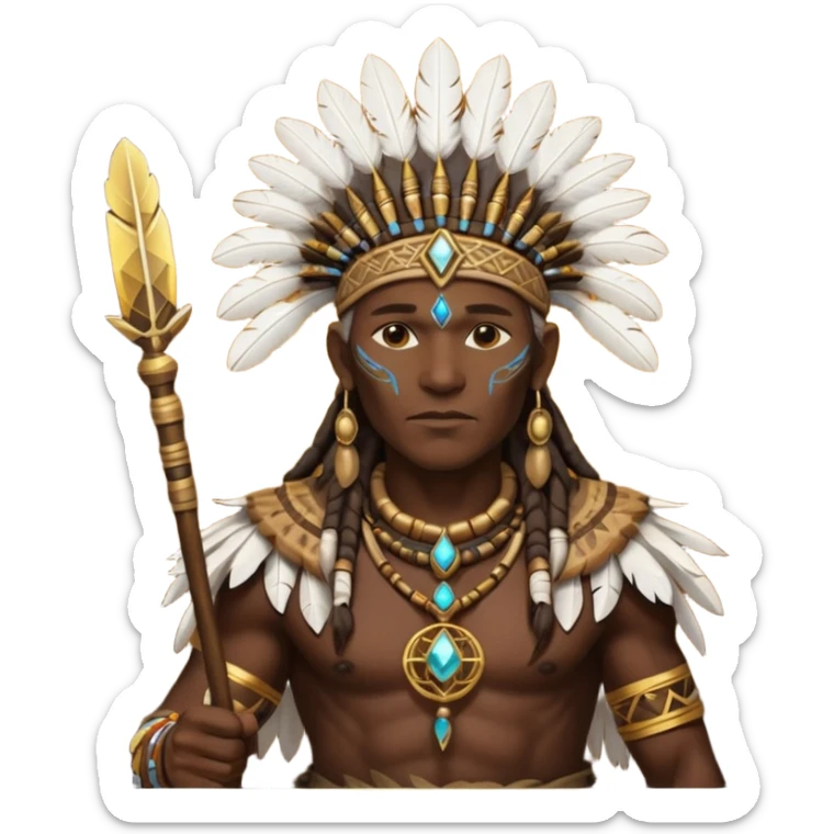 Tribal shaman silhouette gold realistic Big with staff and feathers, spiritual aura, sacred geometry glow behind, powerful stance sticker