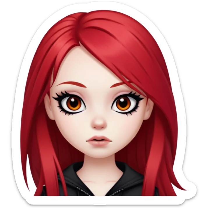 emo alternativ red long hair, pale skin,  brown iris, pretty bratz baddie, strong black eyeliner sticker