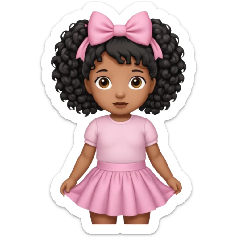 a brown skin baby with curly hair and a baby pink skirt and baby pink bows with her hair in pigtails and black hair sticker