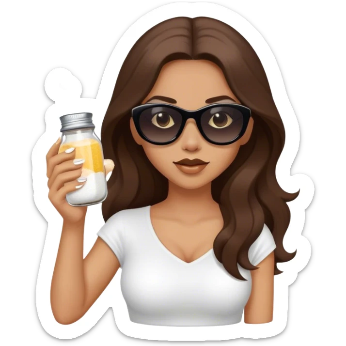 sassy woman with long brown hair and dark sunglasses holding a salt shaker and sprinkling the salt sticker