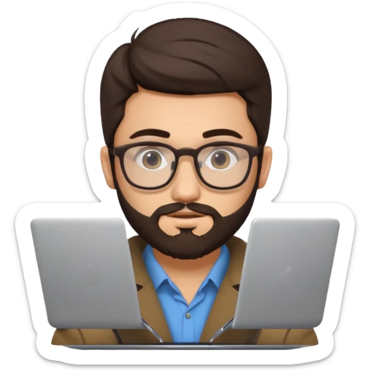 23 year old Azerbaijani man with dark brown hair and beard with glasses and laptop sticker