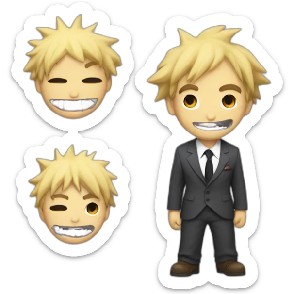 Denji with his blond hair in a shaggy style, brown eyes, with his shark teeth, is smiling evil and with a shirt with a black tie from chainsawman sticker