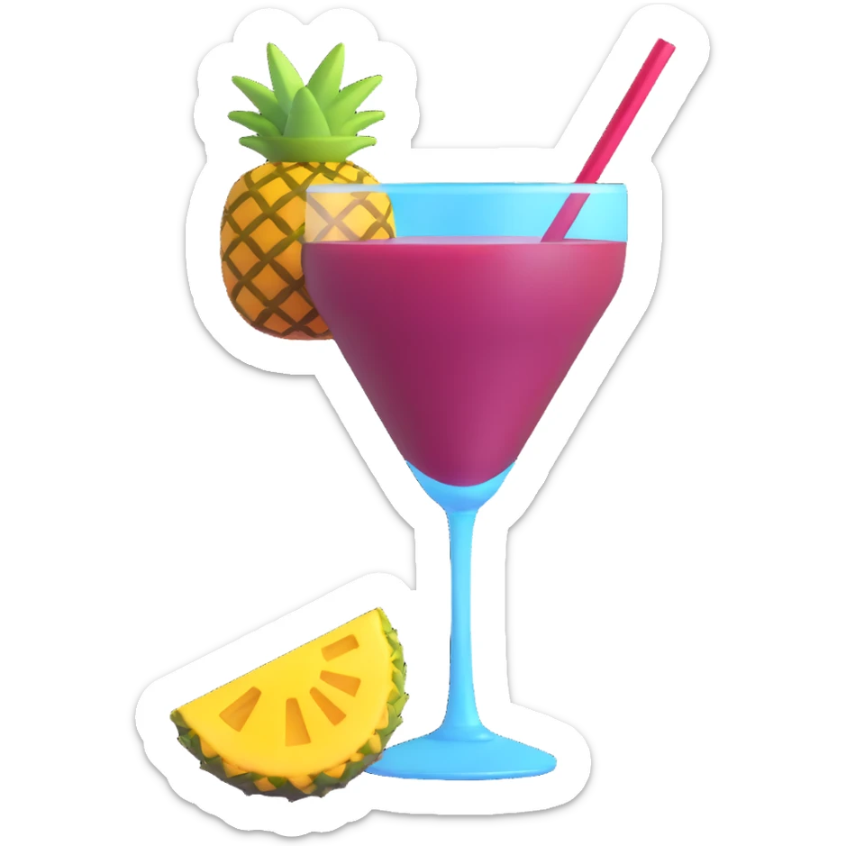 3D emoji style cocktail glass with burgundy drink and a pineapple wedge sticker