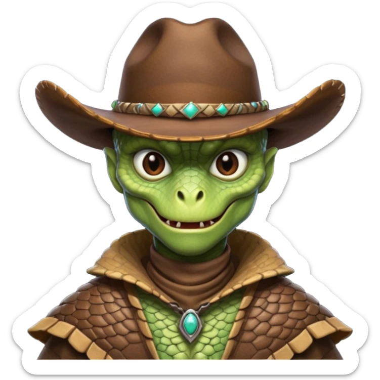 Portrait of a reptilian alien cowboy with textured scales, slit pupils, sharp jawline, dark brown cowboy hat, leather poncho, intense gaze, warm desert lighting, hyper realistic, shallow depth of field, cinematic western atmosphere
 sticker