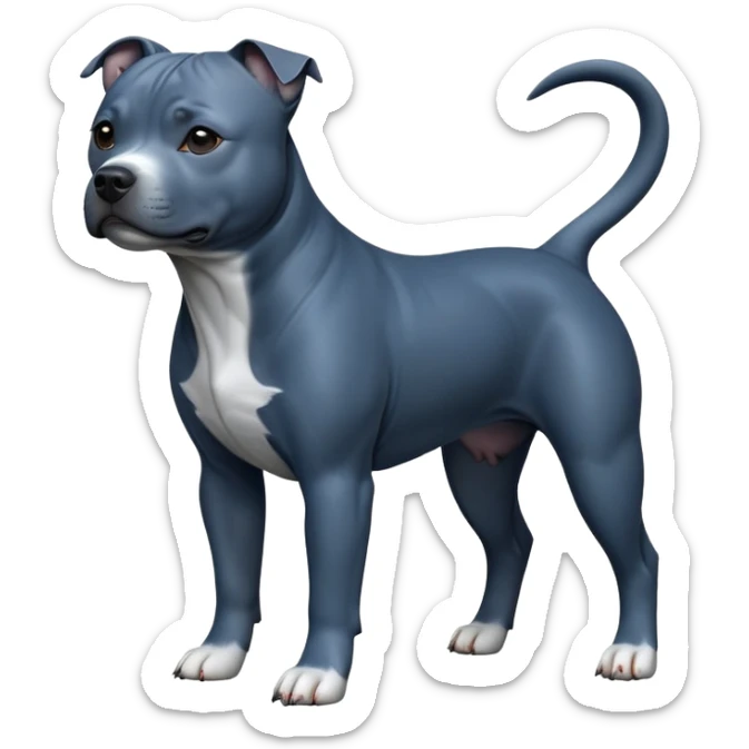 cinematic-[Staffordshire bull terrier]-realistic-full-body-standing-emoji,-tail-resting-loosely-beside-its-paws,-head-tilted-dramatically, -sleek-[dark blue grey]-fur,-simplified-yet-realistic-focused-features,-highly-detailed,-glowing-with-an-almost-sarcastic-glow sticker