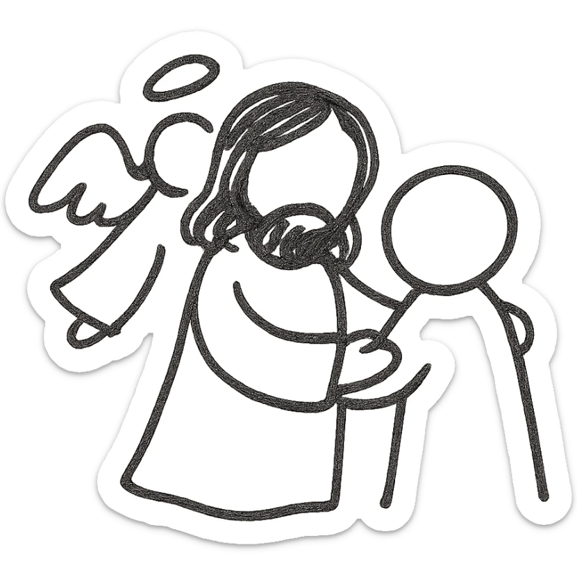hand drawn cutesy tiny Jesus and a person, with an angel nearby, so small that faces are not visible sticker