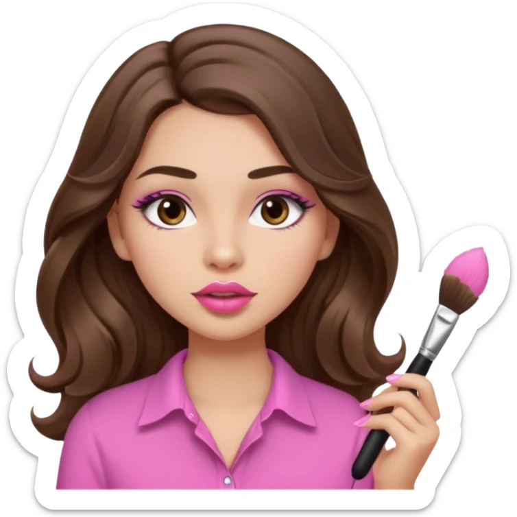 girl with long wavy brown hair, brown eyes, light to medium complexion, in a pink shirt, pink lips, long lashes, puckered lips, putting on makeup with a fluffy brush sticker