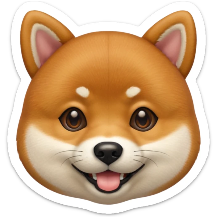 Head of a Shiba Inu dog, in orange-brown fur with white muzzle and cheeks, round face, big black eyes, perky ears, grinning with closed mouth, no tongue, front-facing, glossy texture, soft shadows
 sticker