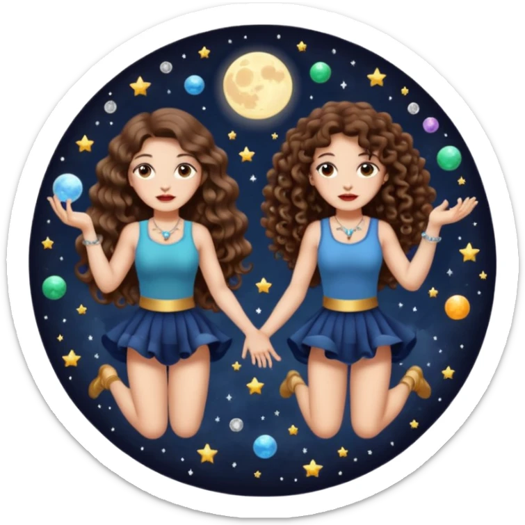moon juggling — long wavy brown hair tattooed woman and short tight curly brown hair woman — tiny moons and crystals sticker