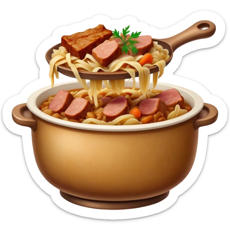 Cinematic Realistic Bigos Dish Emoji, showcasing a hearty stew of sauerkraut and meats rendered with rich textures and dynamic, rustic lighting. sticker