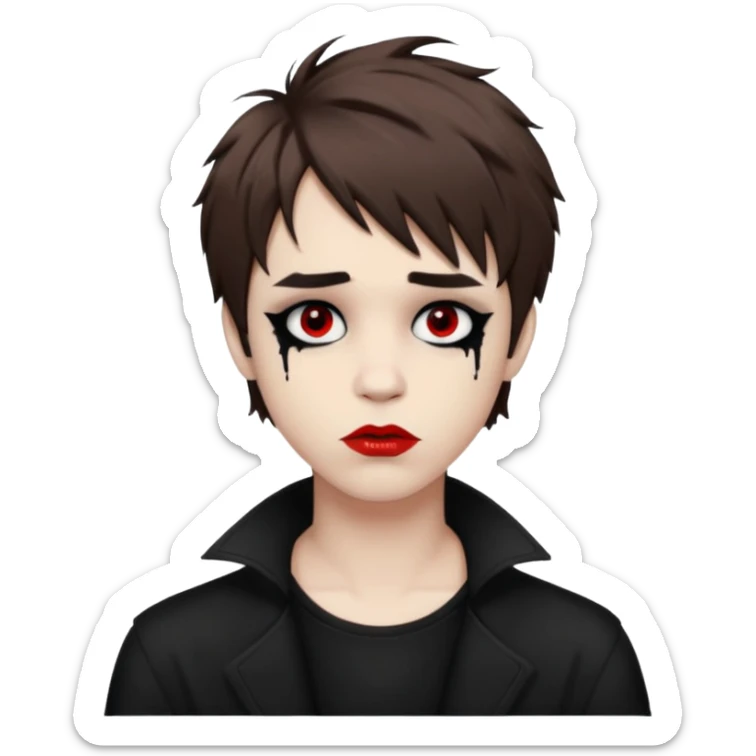 Happy pale Goth boy with shaggy brown hair, and messy black eyeliner , smudged, red, lipstick  sticker