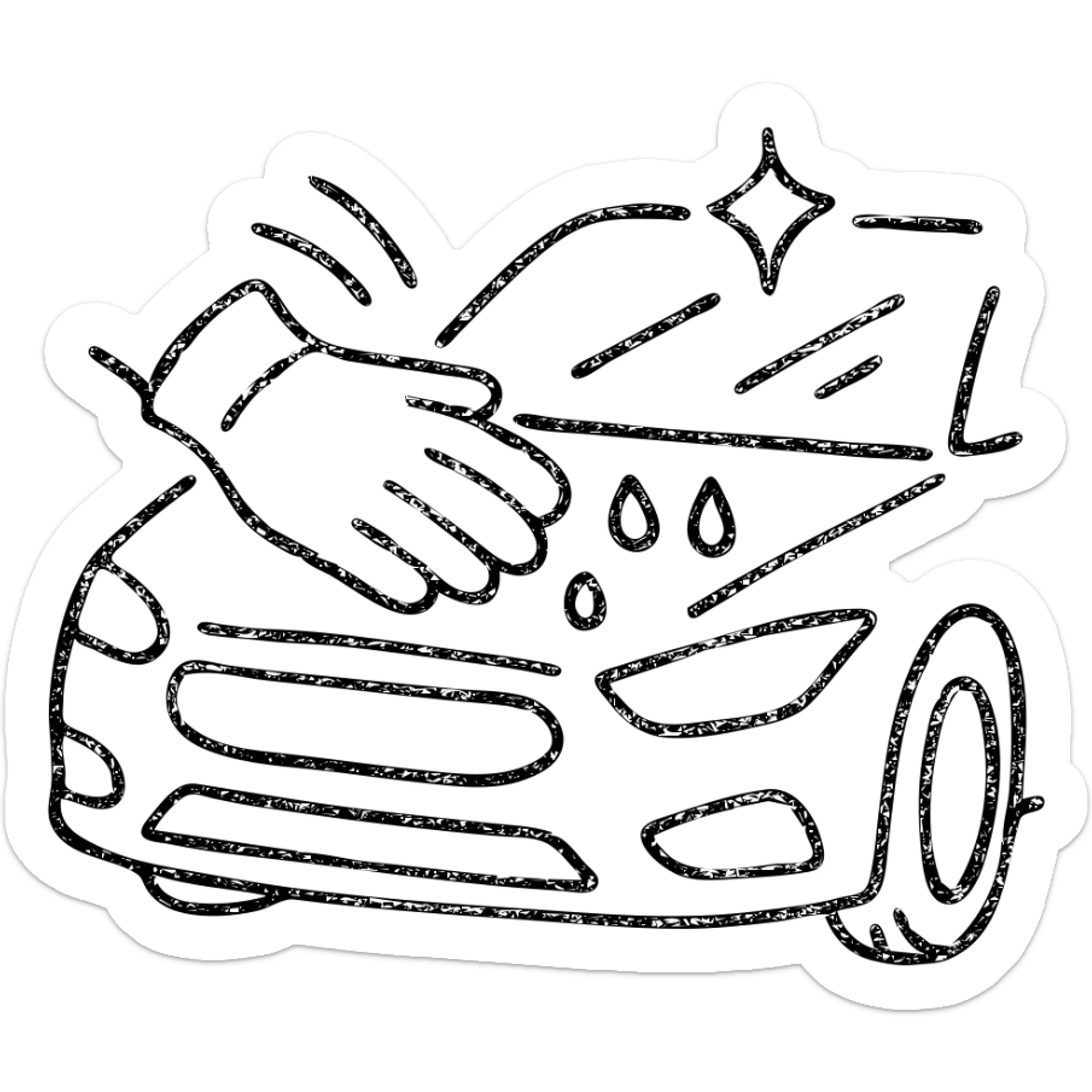 hand-drawn outlined icon of a gloved hand on the hood of a high-end car, drops or shine, black and white details, soft motion lines, clean and modern sticker